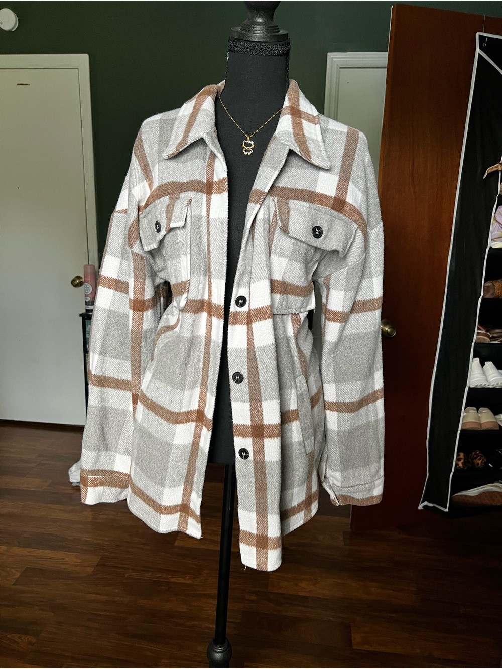 Plaid Shacket Jacket in Brown & White & Grey